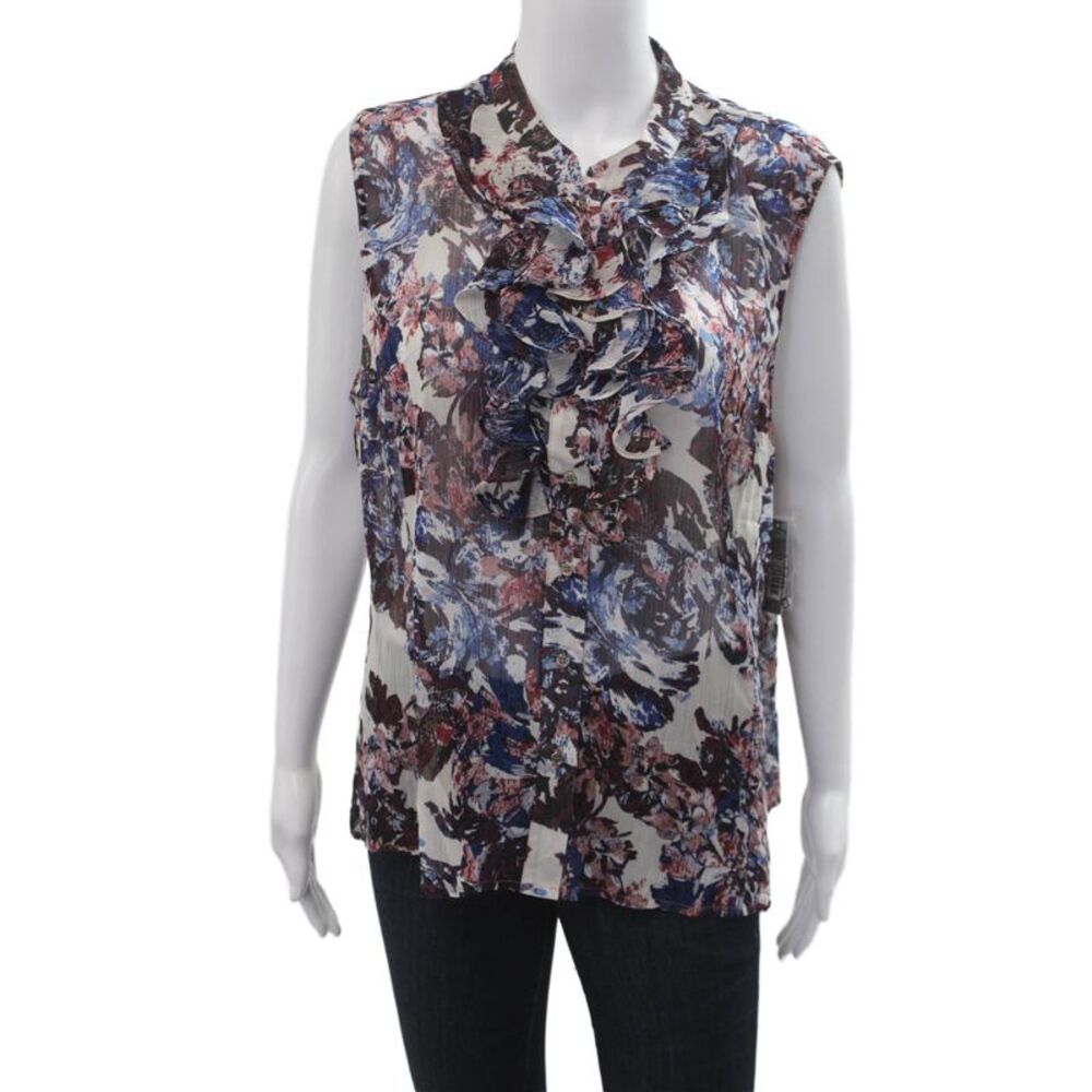 Tahari Levine Women Sleeveless Floral Button Up Blouse Black Size XL